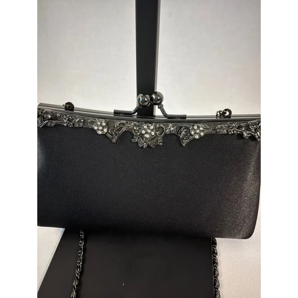 Jessica McClintock Clutch Bag Womens OS Black Satin Rhinestone Evening Formal